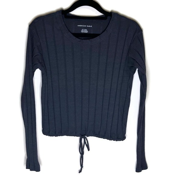 American Eagle Tops - American Eagle Womens XS Ribbed Long Sleeve Cropped Cinch Hem Top Charcoal Gray